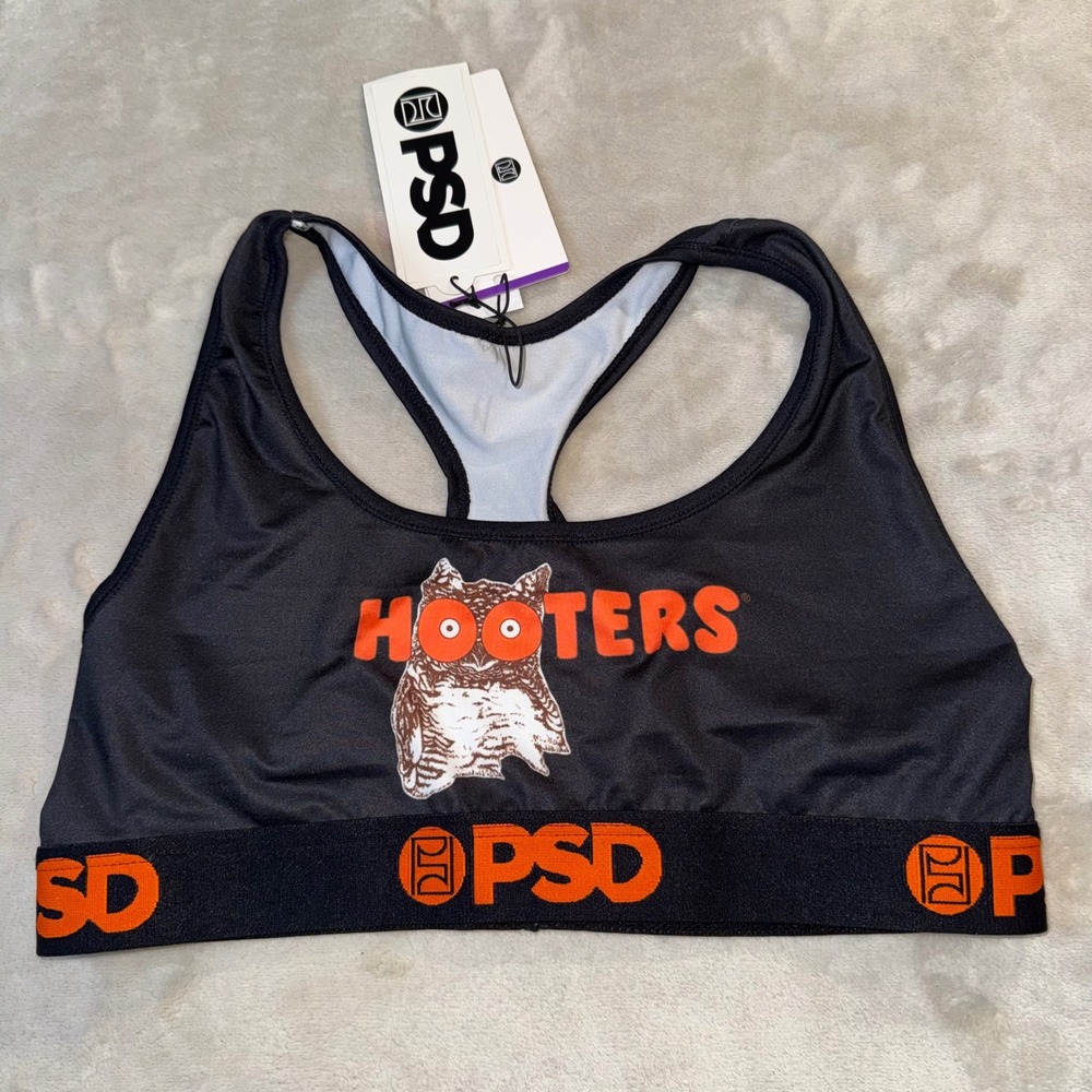 PSD Underwear Hooters Sports Bra Black Orange Owl Logo Racerback BK HOOTR BRA LG